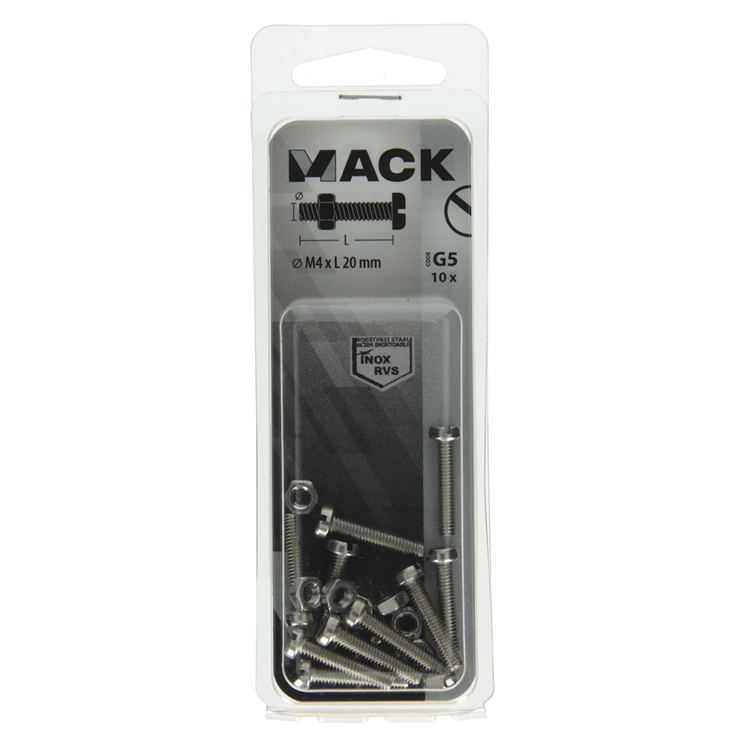 Mack 1019820 - vérin à vis métal. tête + écrou inox 10 pcs m4x20 | 10 pièces