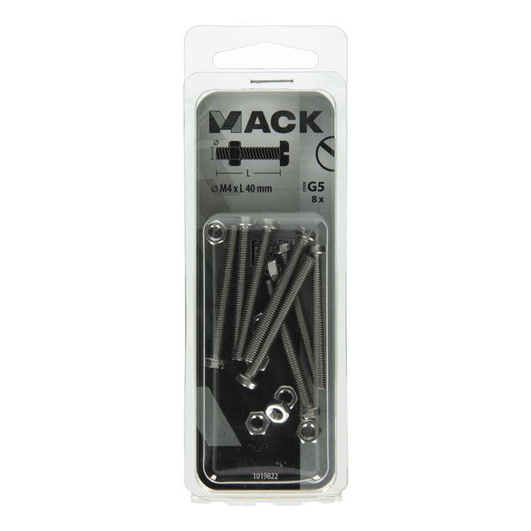 Mack 1019822 - vérin à vis métal. tête + écrou inox 8 pcs m4x40 | 10 pièces