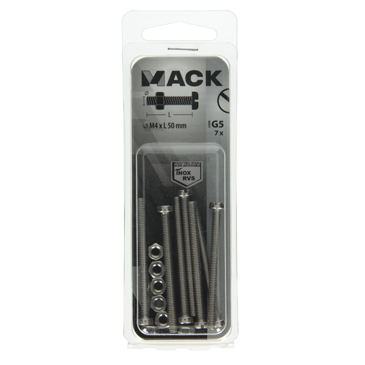 Mack 1019823 - metal screw cyl. tête + écrou inox 7 pcs m4x50 | 10 pièces