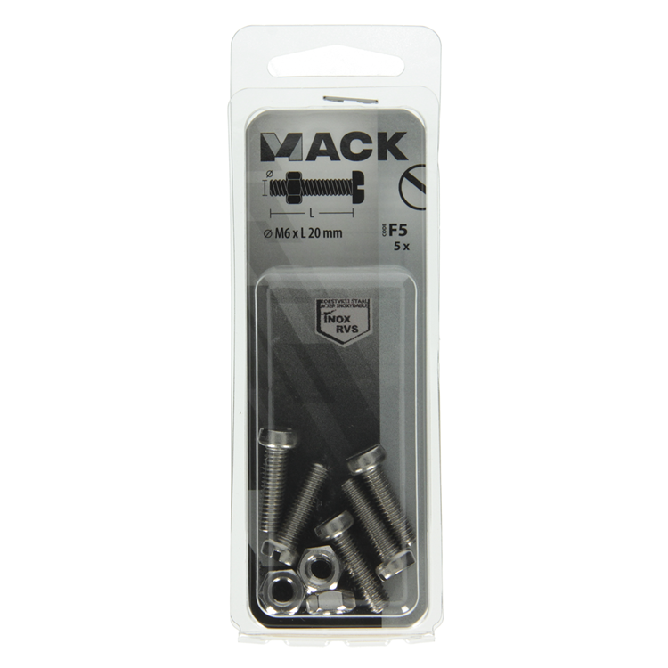 Mack 1019829 - vérin à vis métal. tête + écrou inox 5 pcs m6x20 | 10 pièces