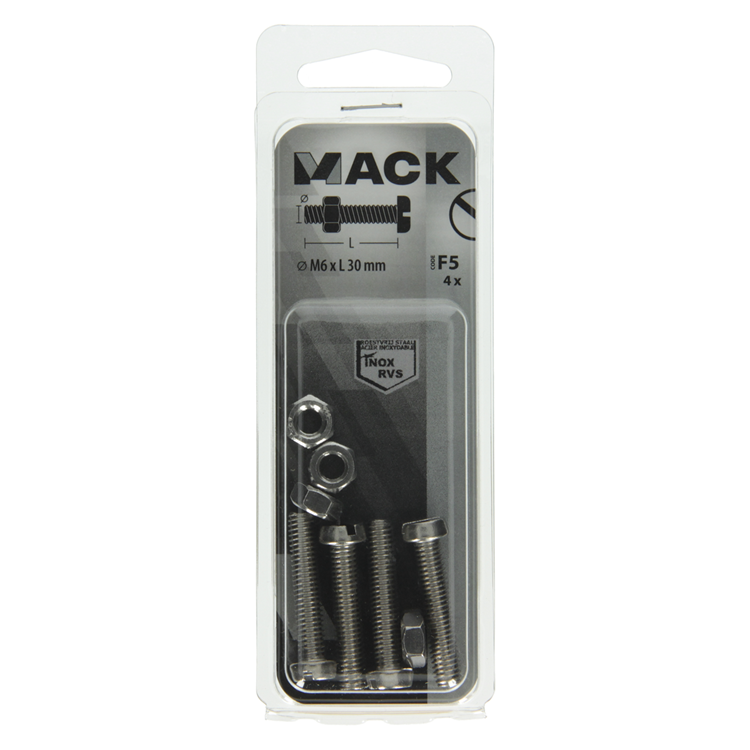 Mack 1019830 - vérin à vis métal. tête + écrou inox 4 pcs m6x30 | 10 pièces