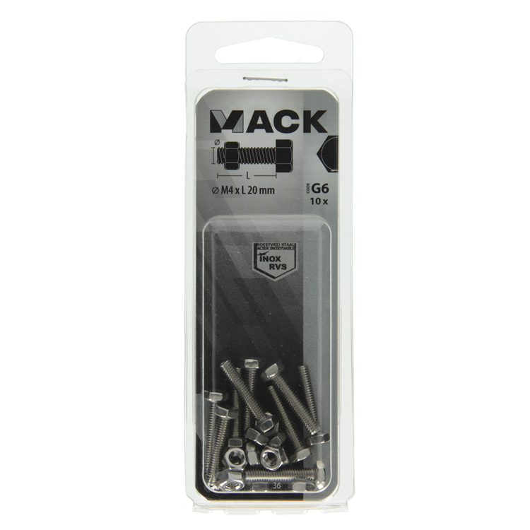 Mack 1019836 - boulon de robinet + écrou en acier inoxydable 10 pcs m4x20 | 10 pièces