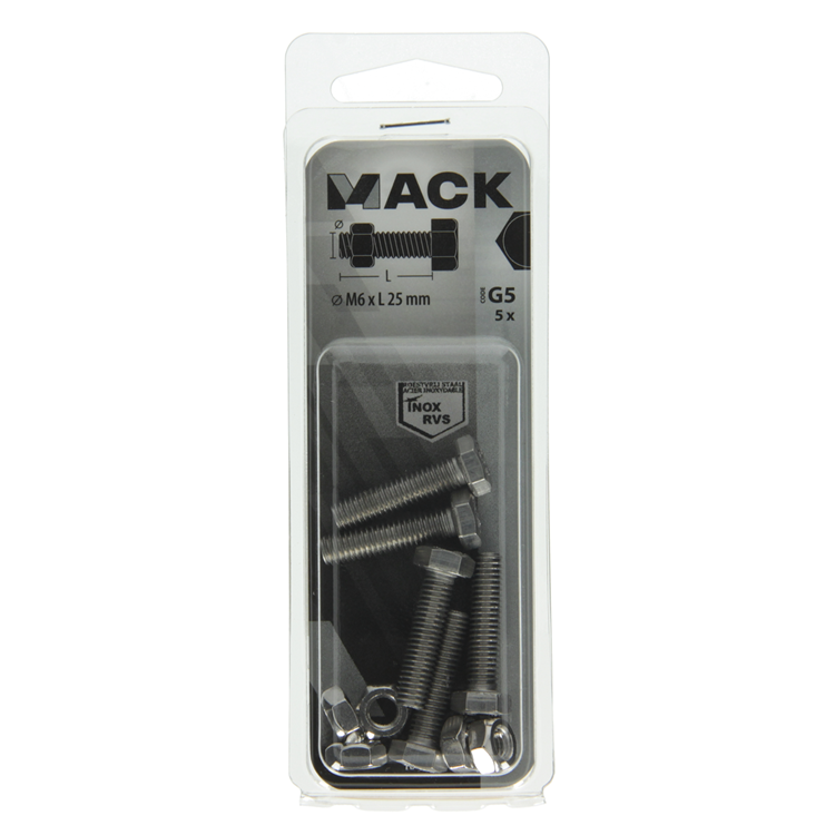 Mack 1019842 - boulon de robinet + écrou en acier inoxydable 5 pcs m6x25 | 10 pièces