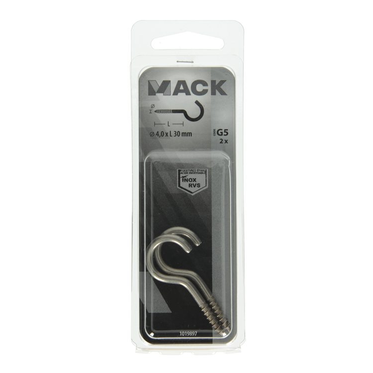 Mack 1019897 - crochet à vis acier inoxydable 2 pcs 4,0x30 mm | 10 pièces