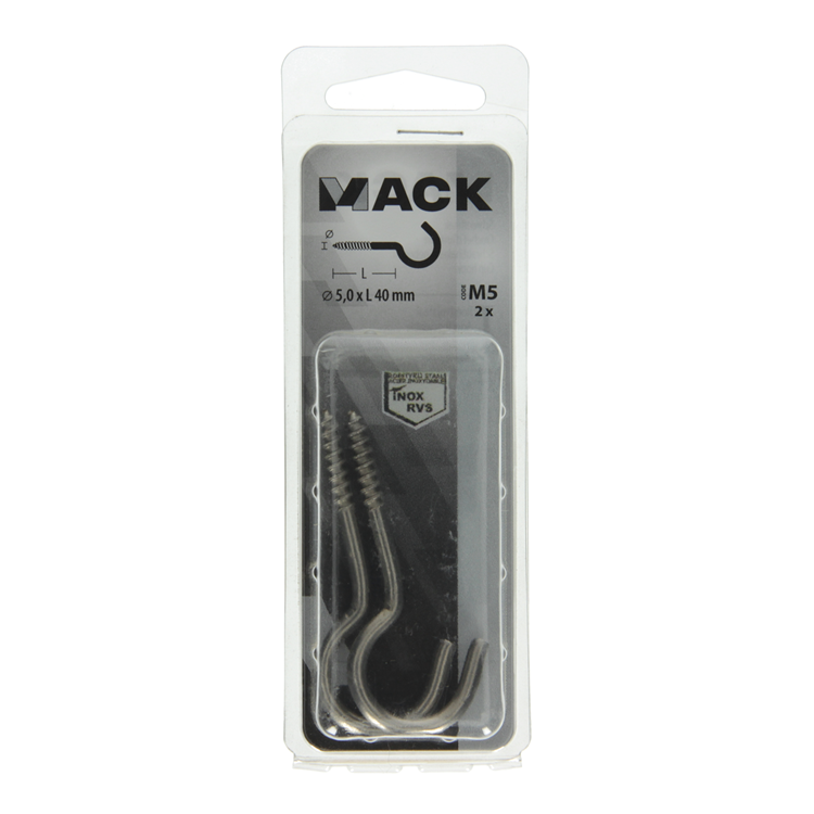 Mack 1019898 - crochet à vis acier inoxydable 2 pcs 5,0x40 mm | 10 pièces