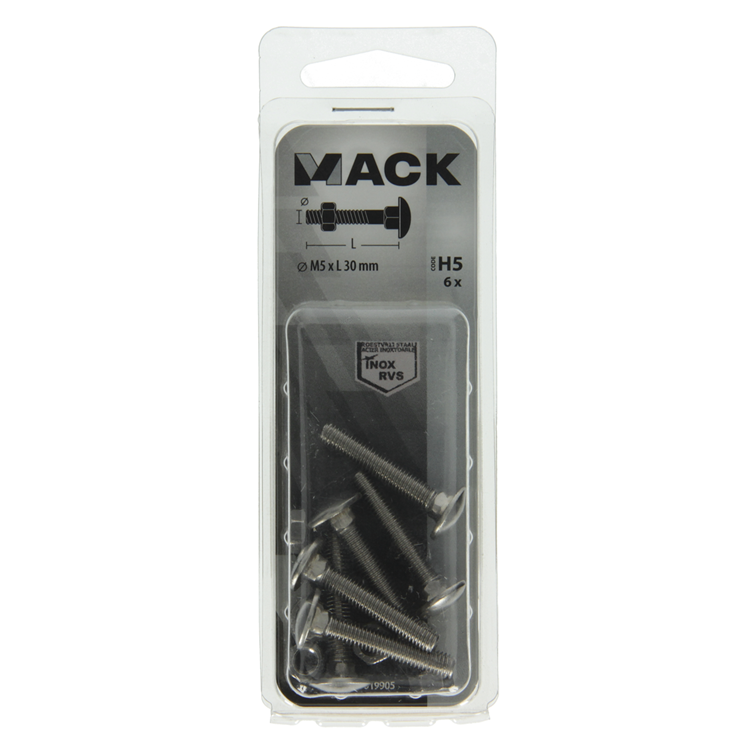 Mack 1019905 - boulon à bois + écrou inox 6 pcs m5x30 mm | 10 pièces
