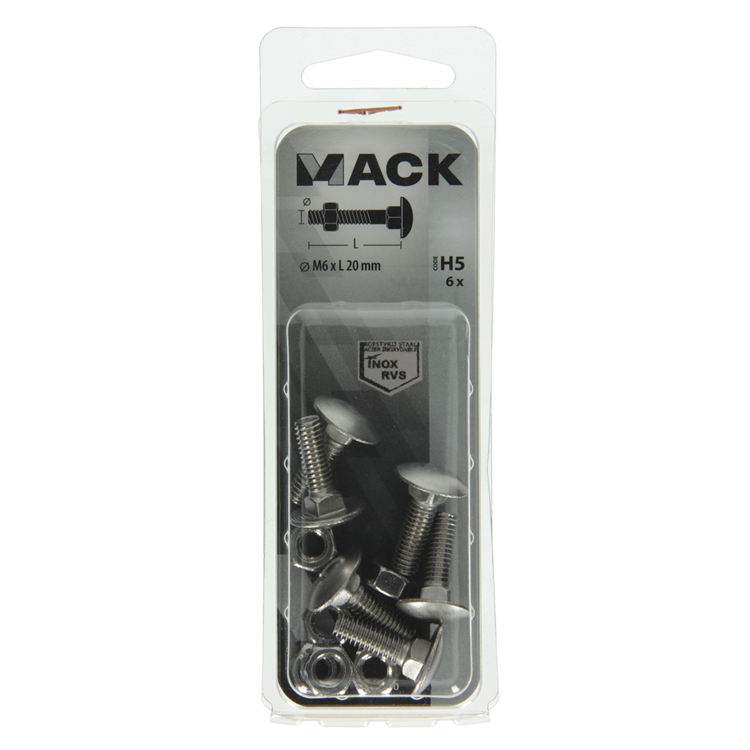 Mack 1019906 - boulon à bois + écrou inox 6 pcs m6x20 mm | 10 pièces