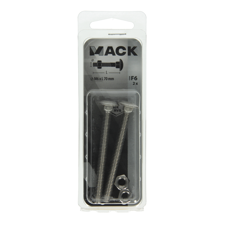 Mack 1019911 - boulon à bois + écrou inox 2 pcs m6 x 70 mm | 10 pièces
