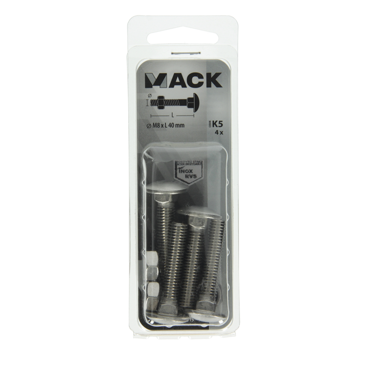 Mack 1019915 - boulon à bois + écrou inox 4 pcs m8 x 40 mm | 5 pièces