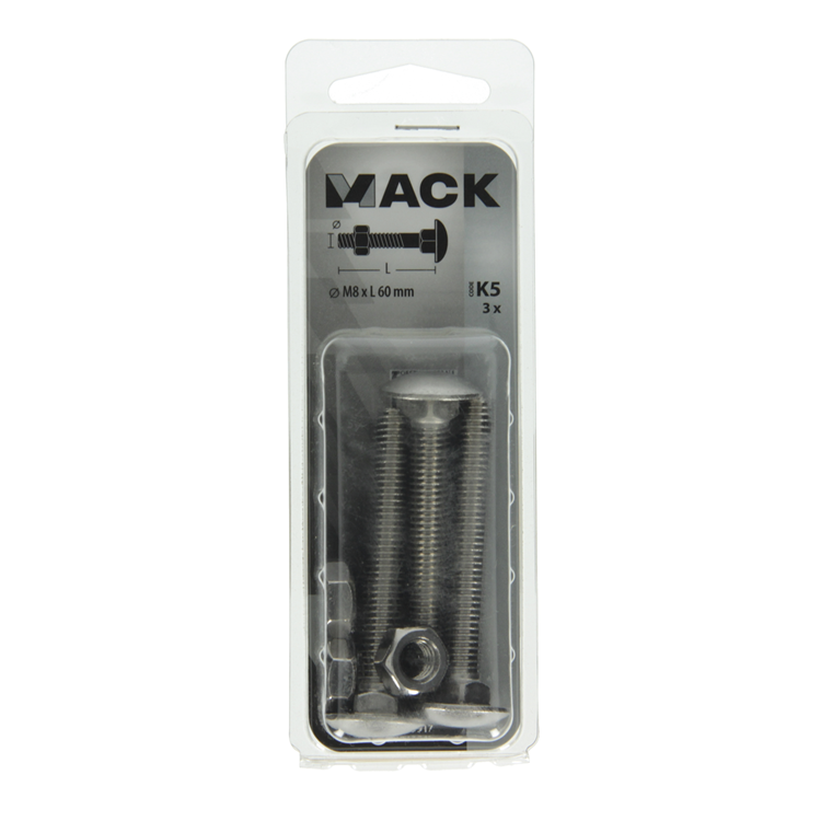 Mack 1019917 - boulon à bois + écrou inox 3 pcs m8 x 60 mm | 5 pièces