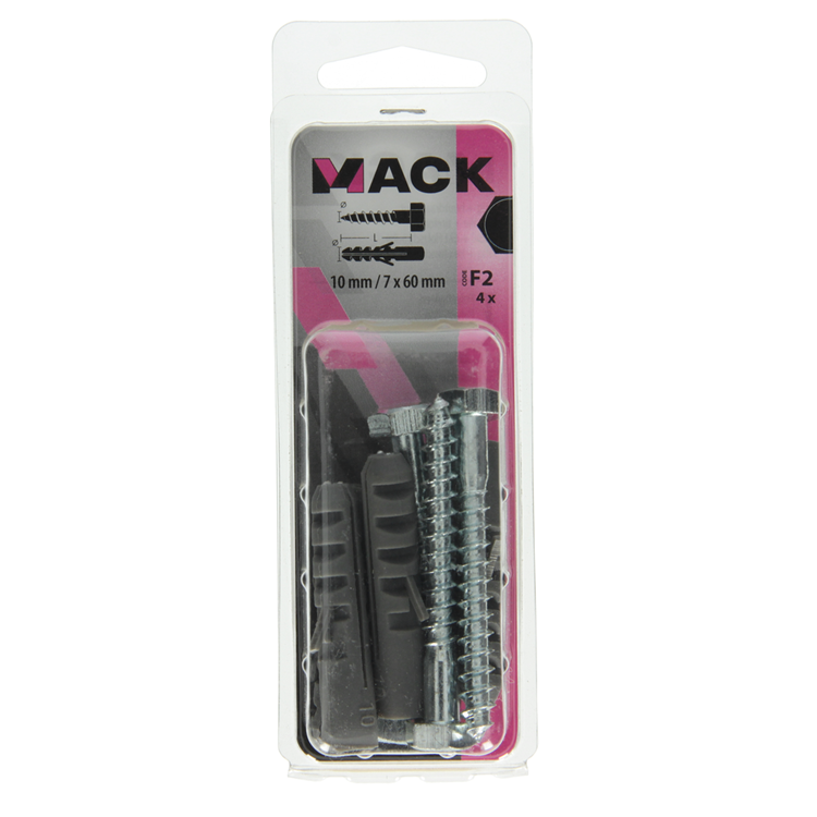 Mack 1017898 - bouchon + boulon fileté bois polyeth 4 pcs 10 mm 7x60 mm | 5 pièces