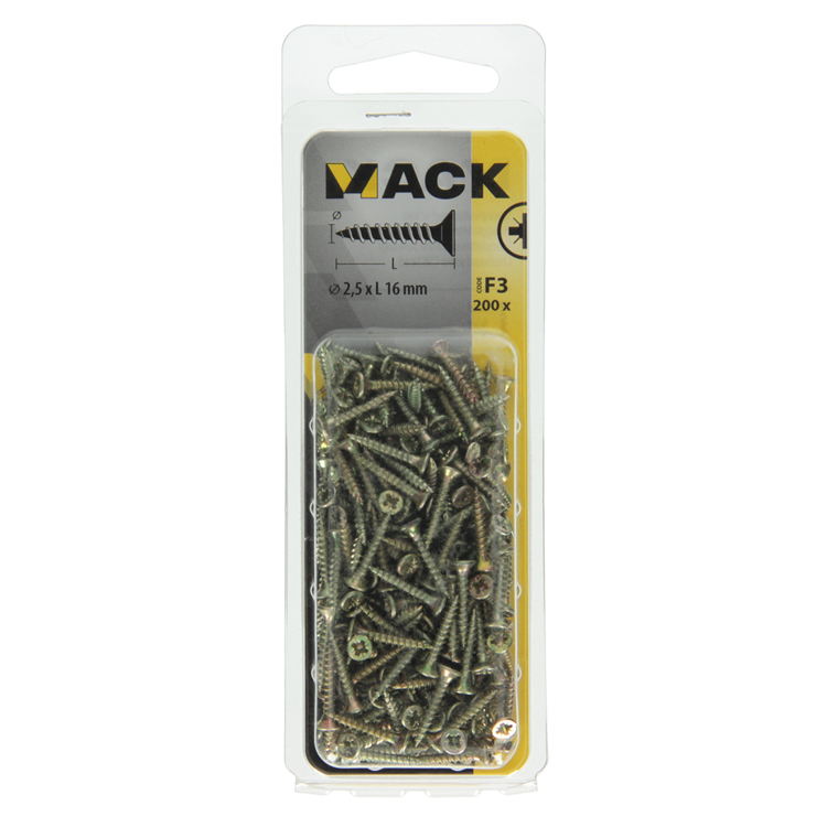 Mack 1017957 - vis pour panneaux d'aggloméré avec tête plaquée jaune 200pcs 2,5 x 16 mm | 10 pièces
