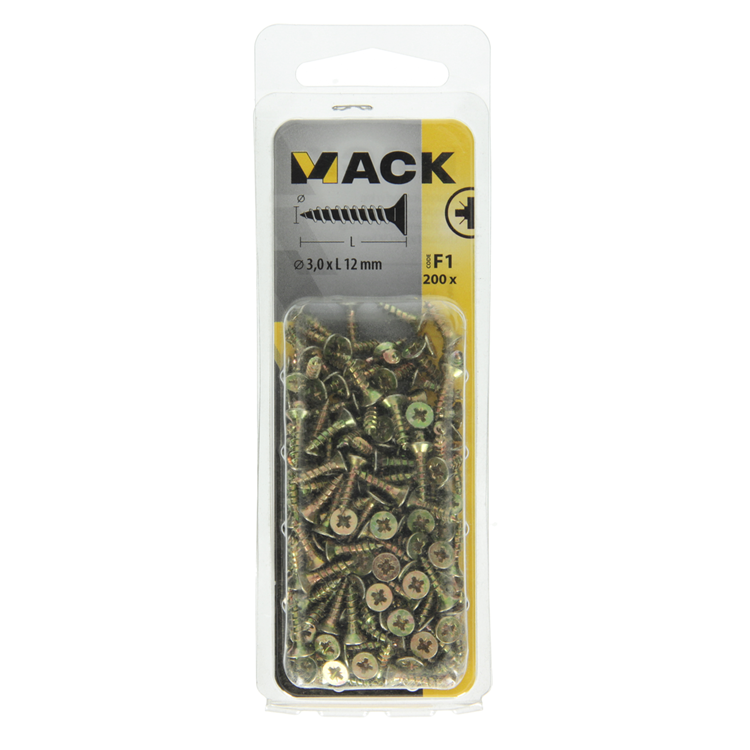 Mack 1017958 - vis pour panneaux d'aggloméré avec tête galvanisée jaune 200pcs 3,0 x 12 mm | 10 pièces