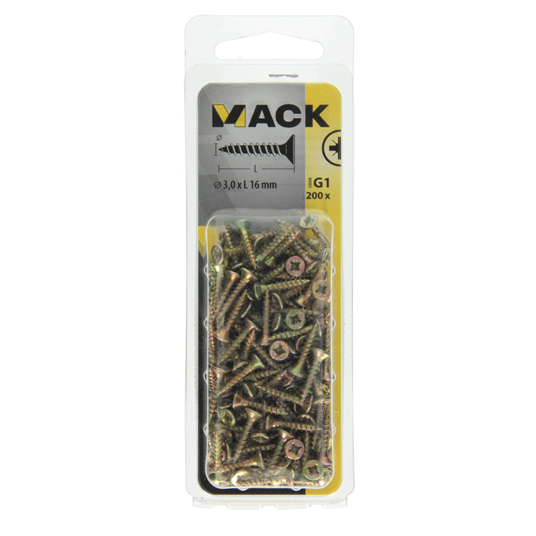 Mack 1017959 - vis pour panneaux d'aggloméré avec tête galvanisée jaune 200pcs 3,0 x 16 mm | 5 pièces