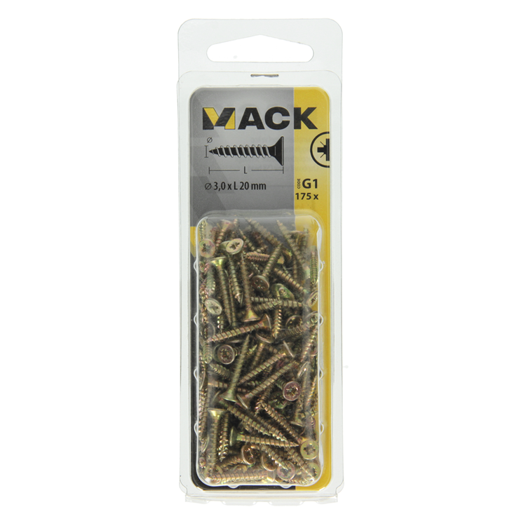 Mack 1017960 - vis pour panneaux d'aggloméré avec tête galvanisée jaune 175pcs 3,0 x 20 mm | 5 pièces