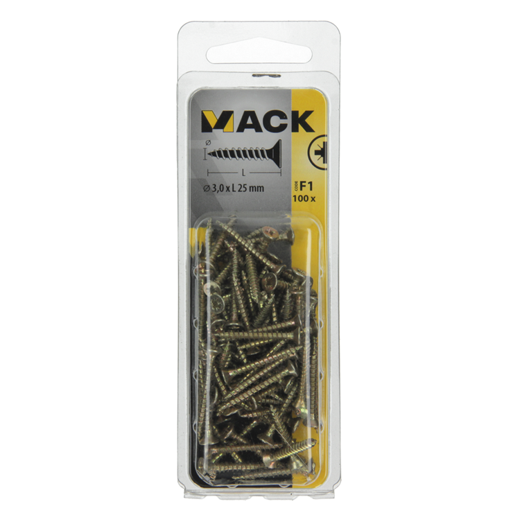 Mack 1017961 - vis pour panneaux d'aggloméré avec tête galvanisée jaune 100pcs 3,0 x 25 mm | 5 pièces