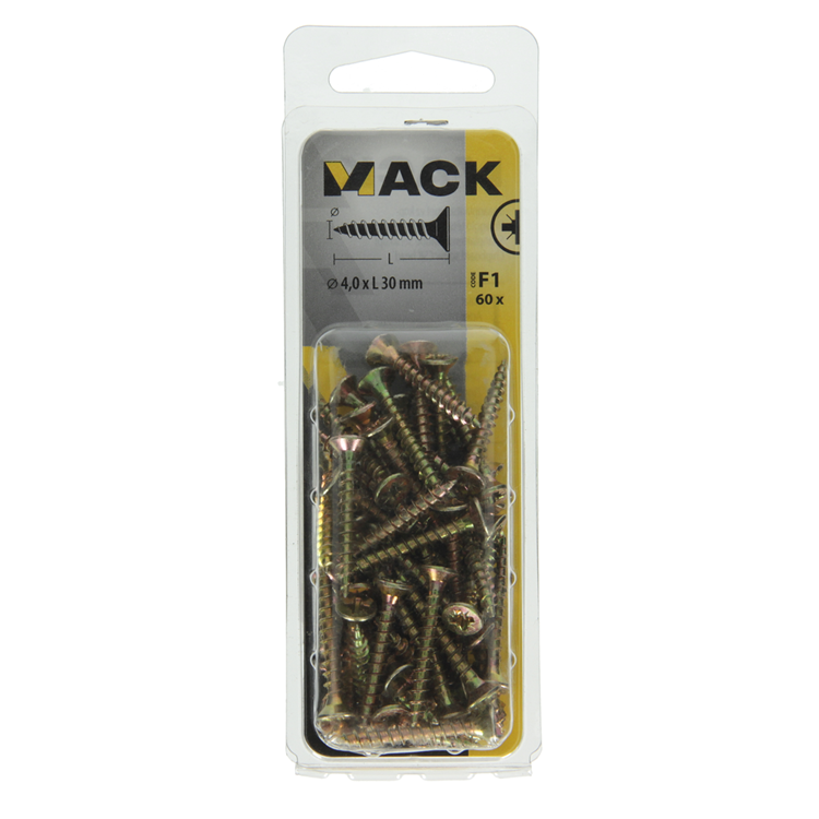 Mack 1017971 - vis pour panneaux d'aggloméré avec tête plaquée jaune. 60 pièces 4,0 x 30 mm | 5 pièces