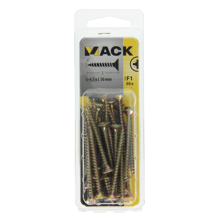 Mack 1017981 - vis pour panneaux d'aggloméré avec tête plaquée jaune. 30 pièces 4,5 x 50 mm | 5 pièces