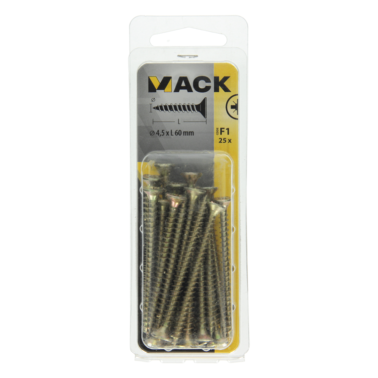 Mack 1017982 - vis pour panneaux d'aggloméré avec tête plaquée jaune. 25 pièces 4,5 x 60 mm | 5 pièces
