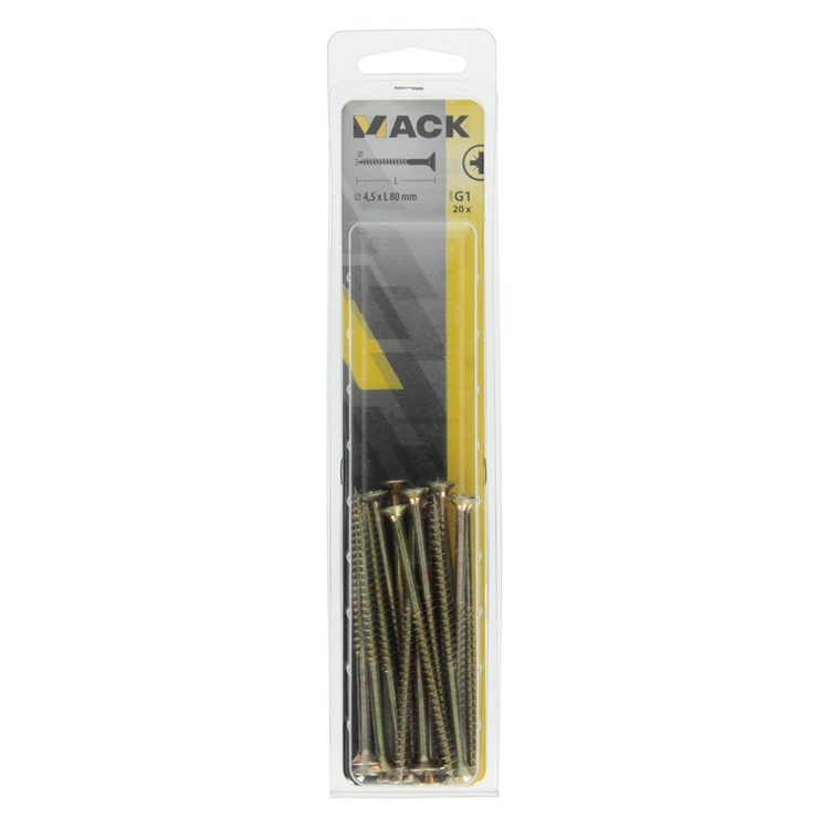 Mack 1017983 - vis pour panneaux d'aggloméré avec tête plaquée jaune. 20 pièces 4,5 x 80 mm | 5 pièces