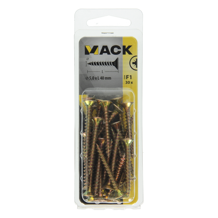 Mack 1017986 - vis pour panneaux d'aggloméré avec tête plaquée jaune. 30 pièces 5,0 x 40 mm | 5 pièces