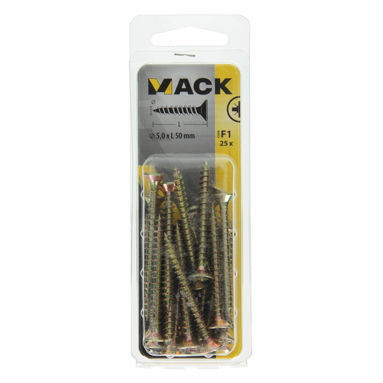 Mack 1017988 - vis pour panneaux d'aggloméré avec tête plaquée jaune. 25 pièces 5,0 x 50 mm | 5 pièces