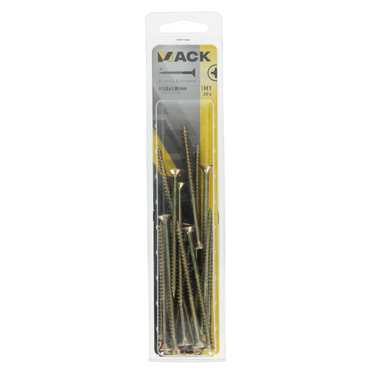 Mack 1017991 - vis pour panneaux d'aggloméré avec tête plaquée jaune. 20 pièces 5,0 x 80 mm | 5 pièces