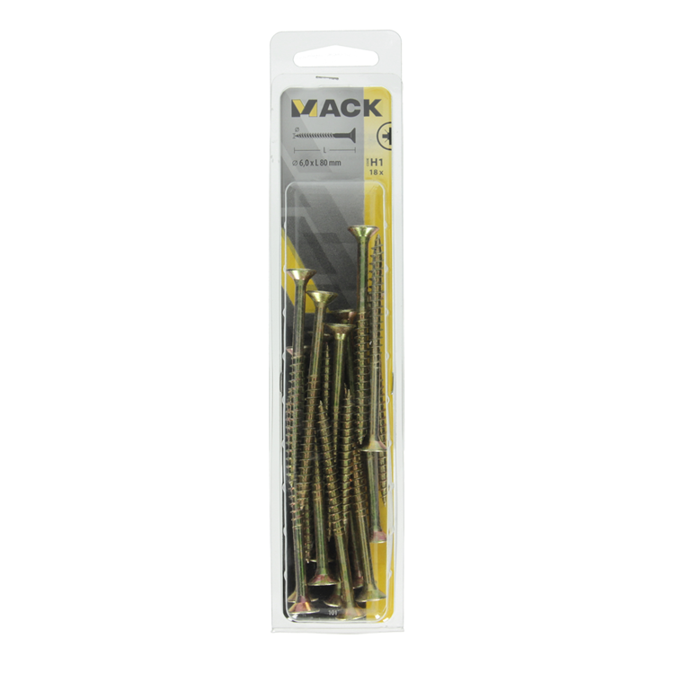 Mack 1017996 - vis pour panneaux d'aggloméré avec tête plaquée jaune. 18 pièces 6,0 x 80 mm | 5 pièces
