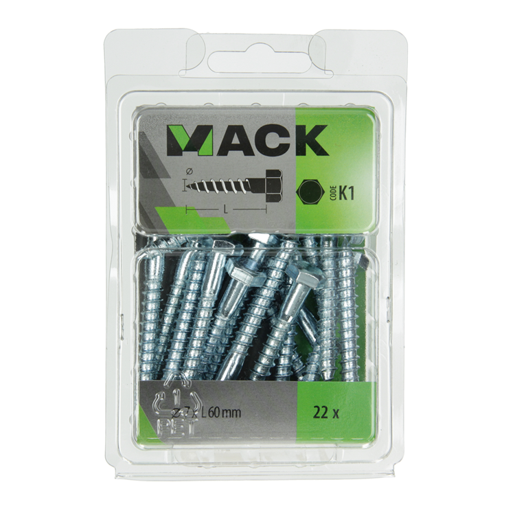 Mack 1018045 - boulon fileté à bois en acier galvanisé 22 pcs 7 x 60 mm | 5 pièces