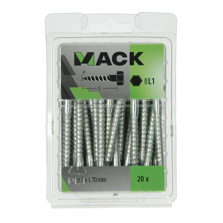 Mack 1018046 - boulon fileté à bois en acier galvanisé 20 pièces 7 x 70 mm | 5 pièces