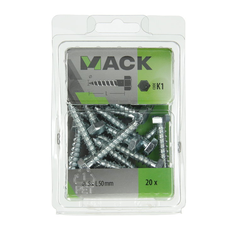 Mack 1018049 - boulon fileté à bois en acier galvanisé 20 pcs 8 x 50 mm | 5 pièces