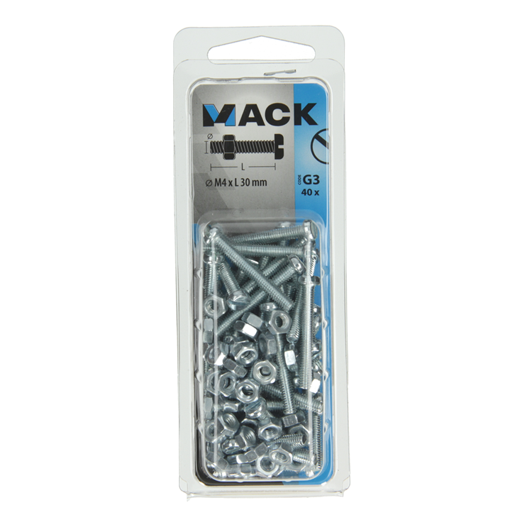 Mack 1018092 - vérin à vis métal. tête + écrou plaqué 40 pcs m4 x 30 mm | 5 pièces