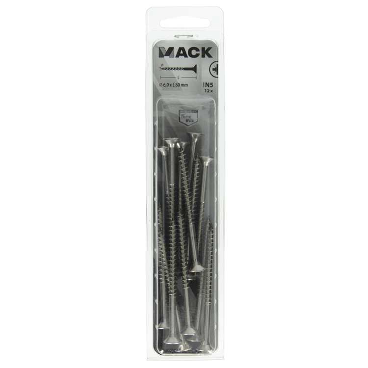 Mack 1020005 - vis pour panneaux d'aggloméré tête VZ acier inoxydable 12 pièces 6,0 x 80 mm | 5 pièces
