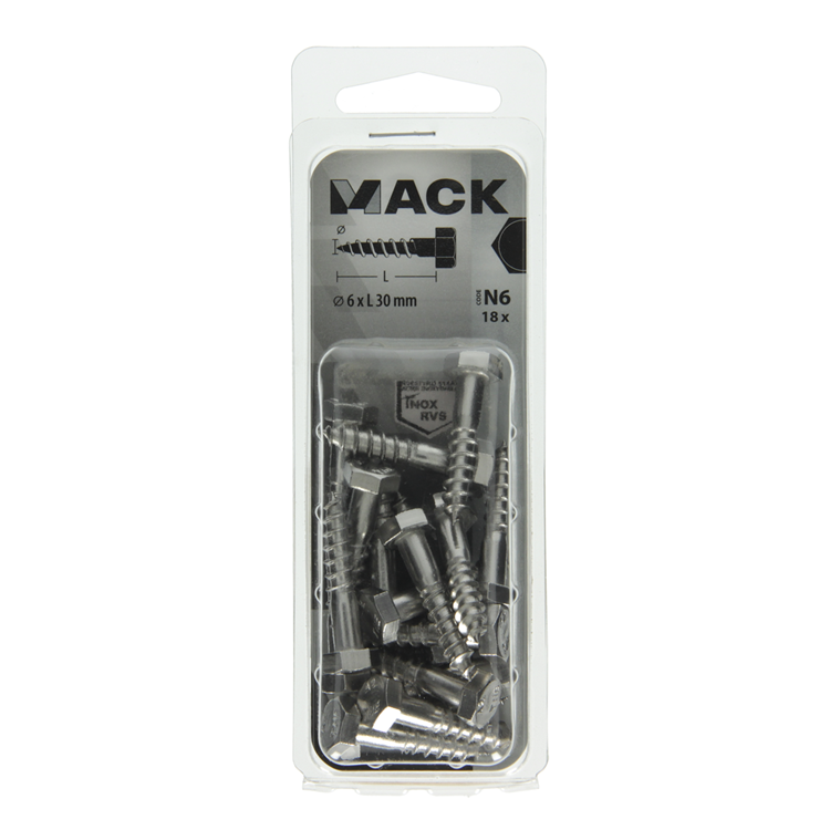 Mack 1020007 - boulon fileté à bois en acier inoxydable 18 pcs 6 x 30 mm | 5 pièces