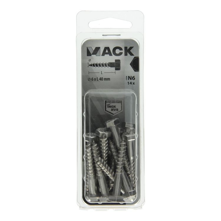 Mack 1020008 - boulon fileté à bois en acier inoxydable 14 pièces 6 x 40 mm | 5 pièces