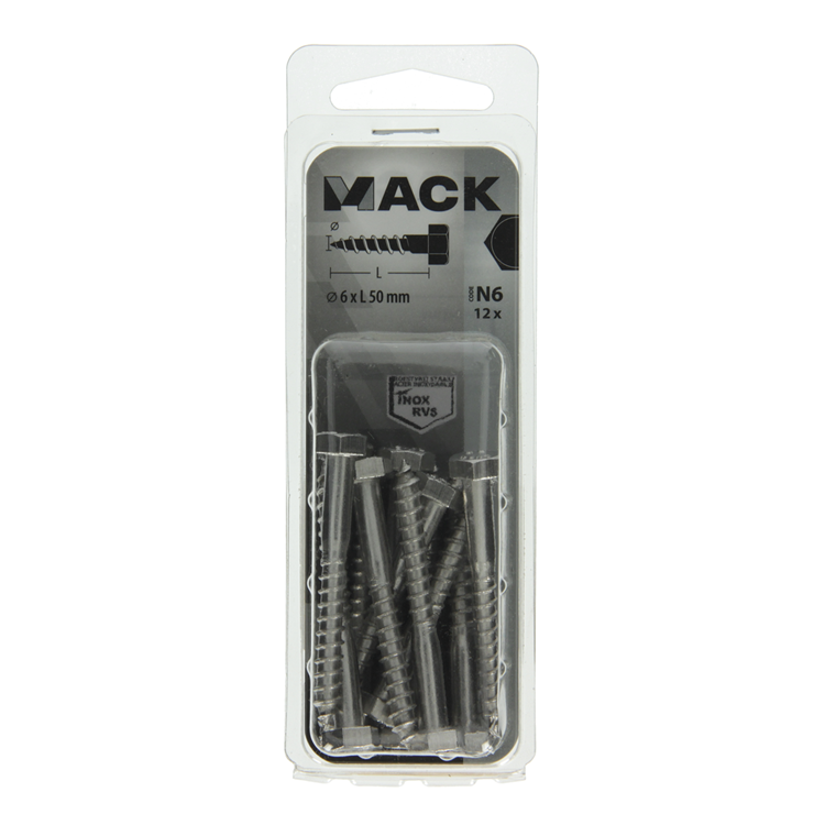 Mack 1020009 - boulon fileté à bois en acier inoxydable 12 pièces 6 x 50 mm | 5 pièces