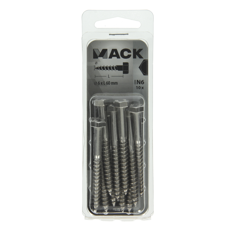 Mack 1020010 - boulon fileté à bois en acier inoxydable 10 pièces 6 x 60 mm | 5 pièces