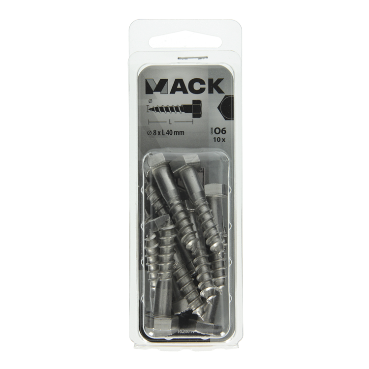 Mack 1020011 - boulon fileté à bois en acier inoxydable 10 pièces 8 x 40 mm | 5 pièces