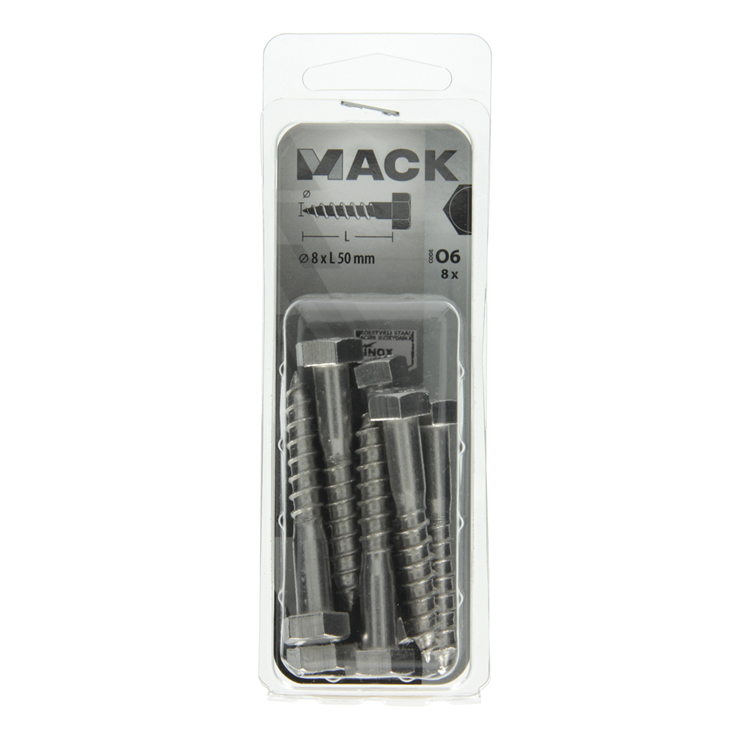 Mack 1020012 - boulon fileté à bois en acier inoxydable 8 pièces 8 x 50 mm | 5 pièces
