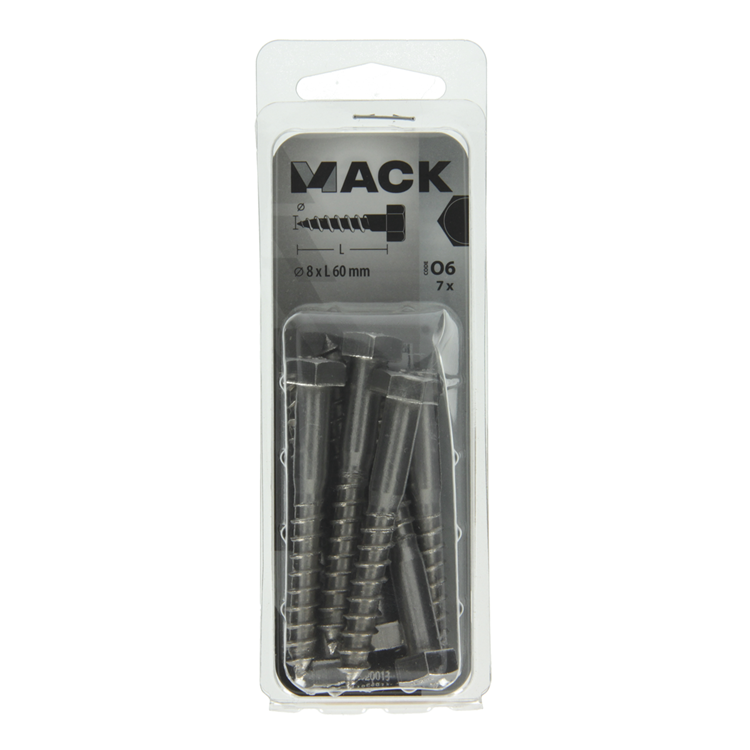 Mack 1020013 - boulon fileté à bois en acier inoxydable 7 pièces 8 x 60 mm | 5 pièces