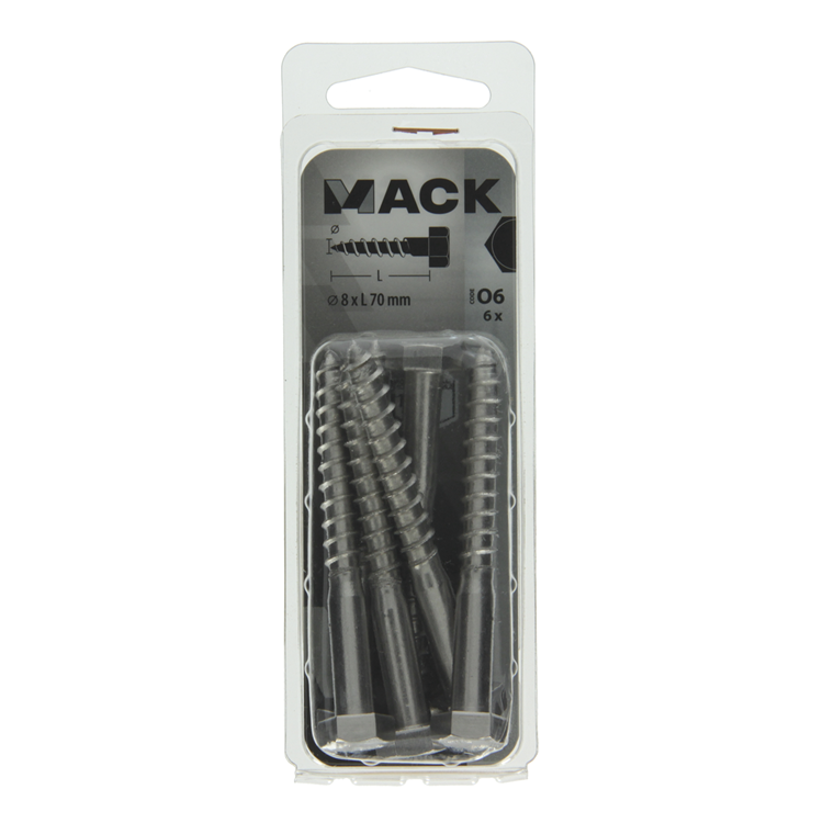 Mack 1020014 - boulon fileté à bois en acier inoxydable 6 pièces 8 x 70 mm | 5 pièces