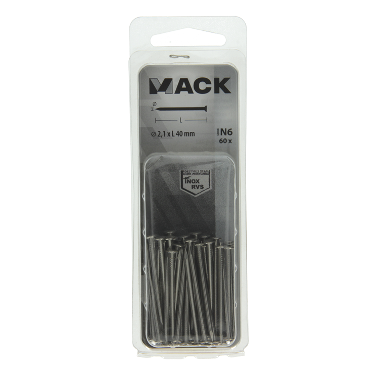 Mack 1020023 - clou à tête plate en acier inoxydable A2 60 pcs 2,1 x 40 mm | 5 pièces