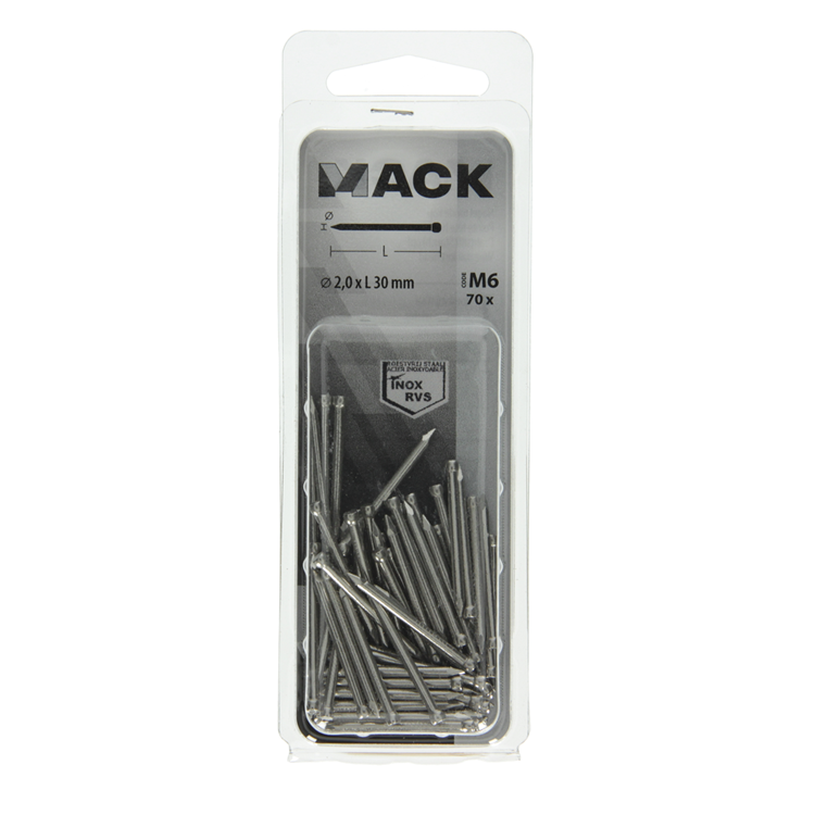 Mack 1020026 - clou tête ronde acier inoxydable A2 70 pcs 2,0 x 30 mm | 5 pièces