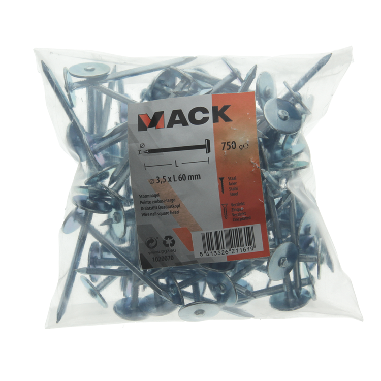 Mack 1020070 - clou pour plaque de construction galvanisé 750gr 3,5 x 60 mm | 5 pièces