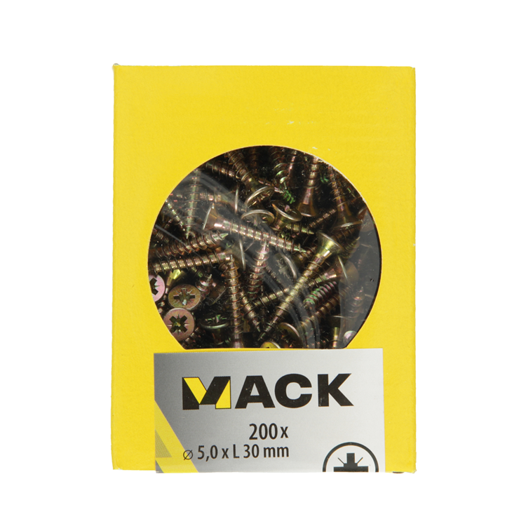 Mack 1020111 - vis pour panneaux d'aggloméré avec tête jaune avec 200 pièces 5,0 x 30 mm | 5 pièces