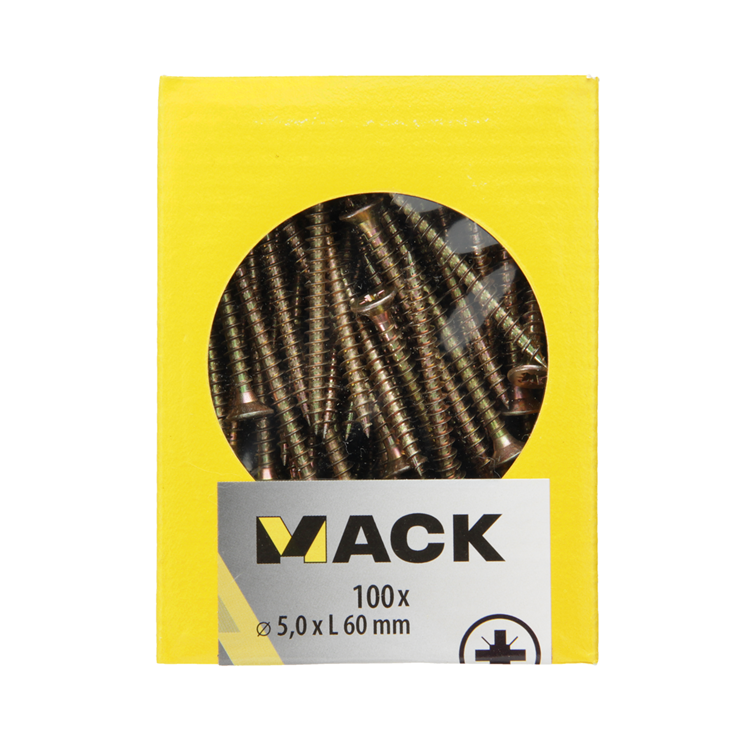 Mack 1020116 - vis pour panneaux d'aggloméré avec tête jaune vz 100 pcs 5,0 x 60 mm | 5 pièces