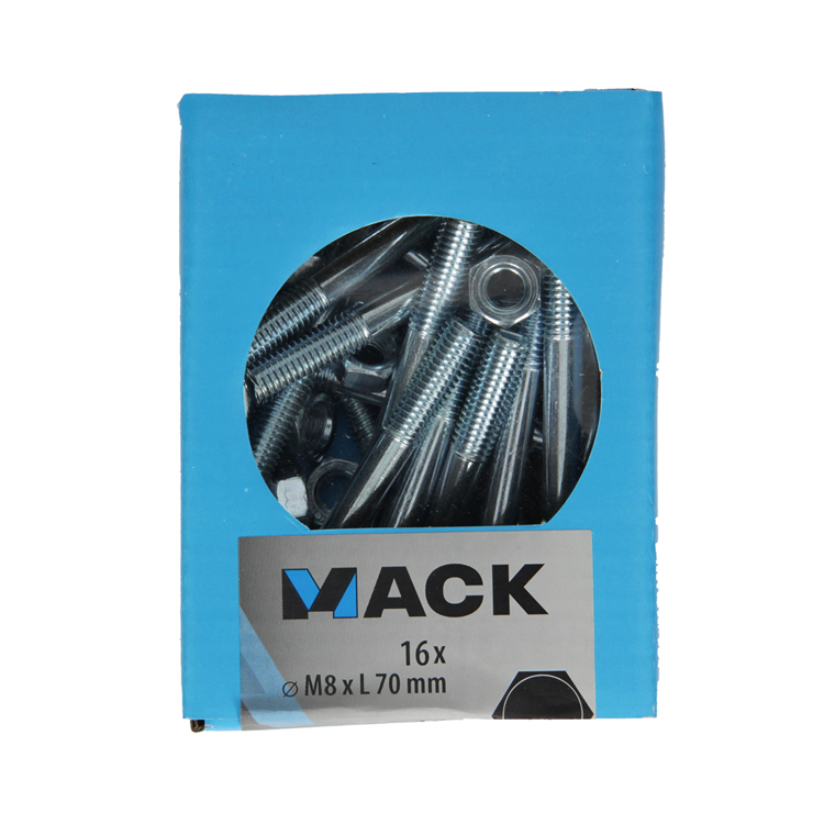 Mack 1020208 - boulon à bois + écrou galvanisé 16 stm8 x 70 mm | 5 pièces