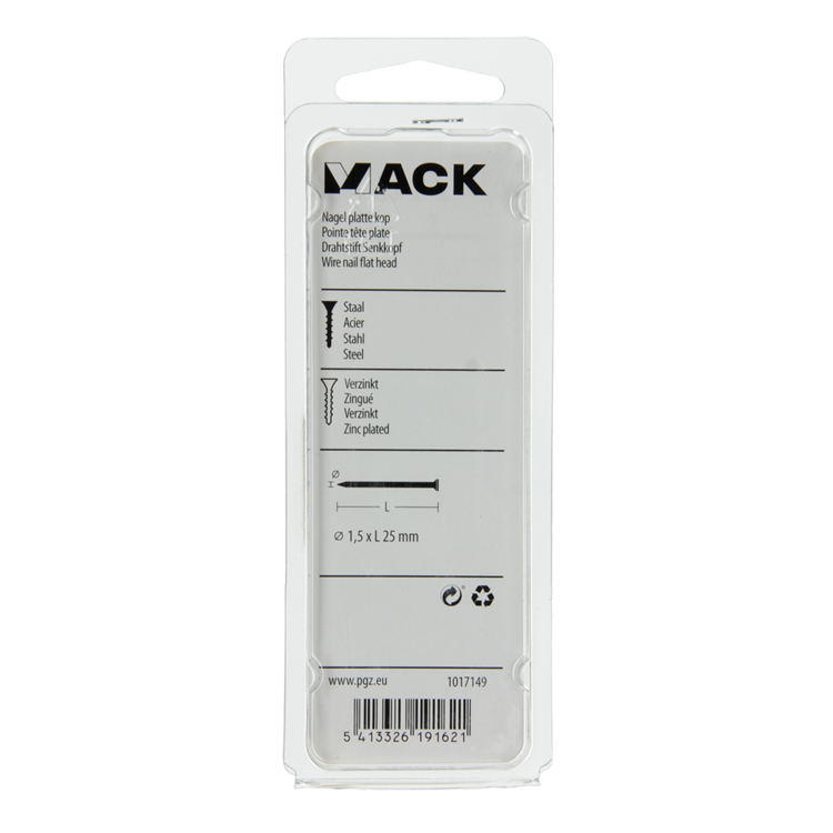 Mack 1017149 - clou tête plate acier galvanisé 100 gr 1,5 x 25 mm | 5 pièces