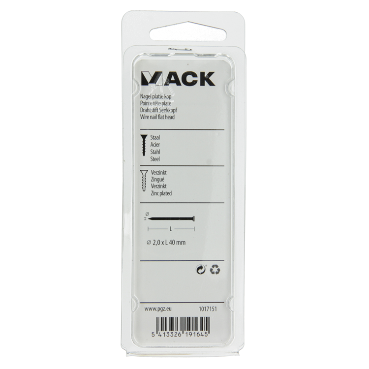 Mack 1017151 - clou tête plate acier galvanisé 100 gr 2,0 x 40 mm | 5 pièces