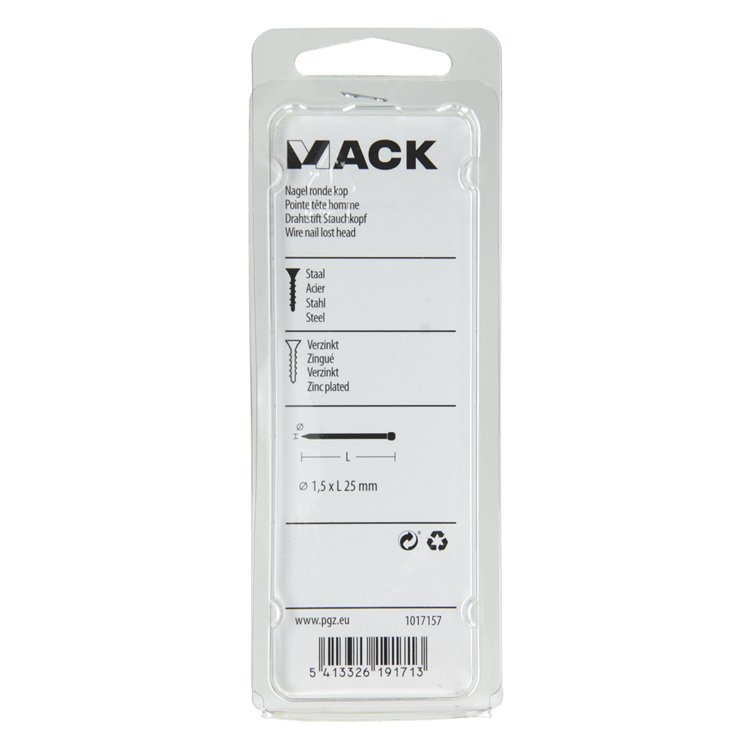 Mack 1017157 - clou tête ronde acier galvanisé 100 gr 1,5 x 25 mm | 5 pièces